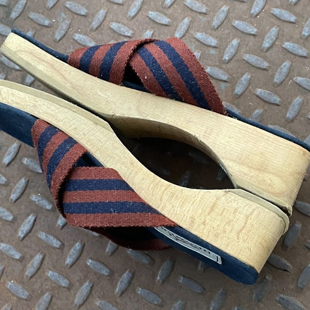 Hermes Women Sandals Canvas Navy Tan Ribbon Strap Wooden Heel Shoes Size 36/5 - Picture 9 of 12